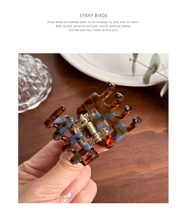 Detail of tortoise shell acetate claw clip in brown and sky blue with metal spring