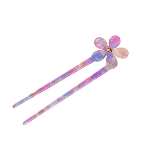Elegant U-shaped hair pin with purple acetate floral design and yellow rhinestone