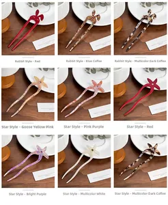 U-shaped hair pins collection in acetate featuring rabbit and star designs with pearls