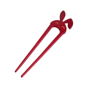Elegant red U-shaped hair pin featuring a glossy acetate rabbit head with gold detailing