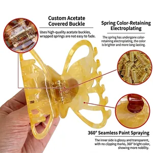 Yellow acetate butterfly hair claw clip with a transparent finish and durable gold spring