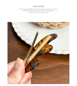 Detailed view of acetate hair clip with tortoise shell pattern and golden metal base