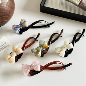 Elegant Acetate Bow Hair Clip With Marble Pattern Rhinestone Stylish Handmade Banana Clip Vertical Hair Accessories For Women