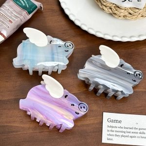 Pince à Cheveux en Acétate Cochon Volant pour Femmes Texture de Marbre Décor d'Aile Animal Mignon Accessoire de Cheveux