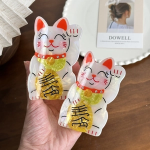 Pinza per Capelli in Acetato a Forma di Gatto della Fortuna per Donna Simpatico Strass Intarsiato Bianco Rosso Oro Mascotte Accessorio