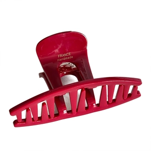 French style dark red acetate hair claw clip with gold handmade text on white background