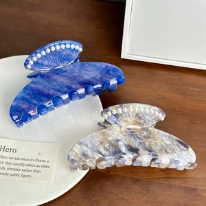 French style acetate hair claw clips with marble texture and pearl accents