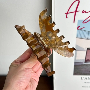 French style amber acetate butterfly hair claw clip with golden metal spring