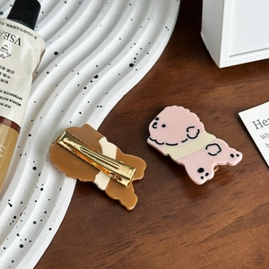 Cute dog-shaped acetate hair clips set in pink and brown, elegant duckbill hair grips