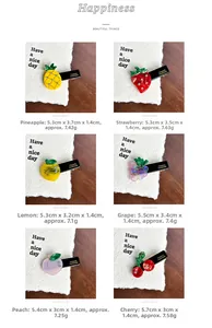 Set of six colorful acetate fruit hair clips with rhinestones and metal duckbill grips