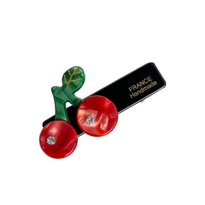 Elegant acetate cherry hair clip with red fruit and gold France Handmade logo
