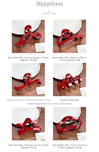 Detailed macro view of six glossy red hair claws in heart, bow, and star shapes