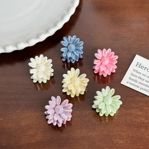 Mini pinces à cheveux marguerite aux couleurs macaron irisées sur fond en bois brun