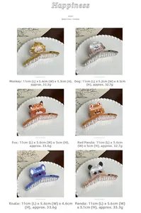 Detailed size specifications for animal shaped large hair claws in various styles