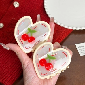Elegant cherry pattern heart-shaped acetate hair claw clips with pearlescent white finish