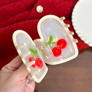 Pearlescent cream cherry heart hair claw clip with golden metal spring for women