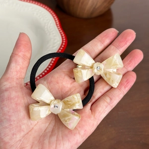 Elegant beige marble pattern acetic acid bow hair tie and clip set with crystal detail