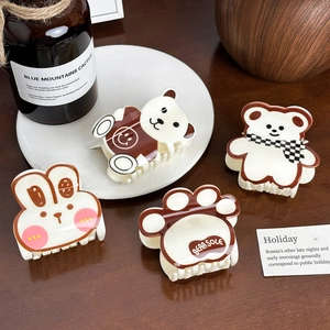 Lot de pinces à cheveux en acrylique motif ours et lapin mignon en crème et brun
