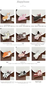 Grille détaillée de 12 pinces à cheveux animaux en acrylique avec tailles et poids