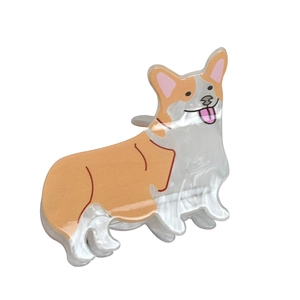 Pince à cheveux mignonne en forme de chien corgi en acétate orange et blanc perle