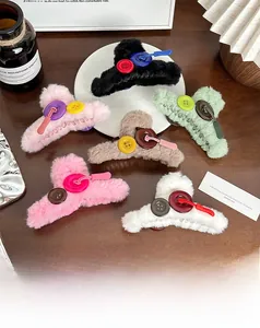 Détails de pinces à cheveux en peluche avec boutons vintage en six couleurs pastel