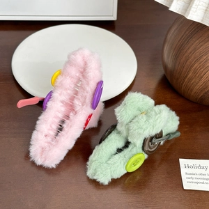 Pinces à cheveux en peluche rose et verte avec boutons colorés pour coiffures féminines
