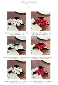 Detail view of acetate flower hair claws in rose and camellia shapes with 11.5cm length
