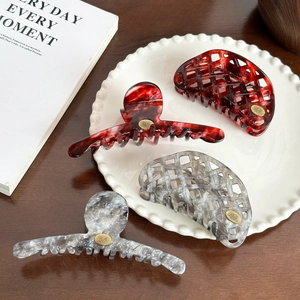 French vintage hollow grid acetate hair claw set in marble and tortoise shell patterns