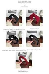 Detailed view of pearl and rhinestone headbands with precise size and weight measurements