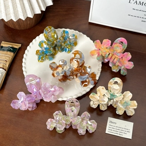 French Vintage Acetate Flower Hair Claw For Women Elegant 3D Floral Marble Texture Rhinestone Large Shark Clip Hair Accessories