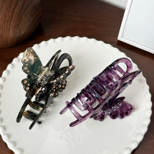 Lot de pinces à cheveux papillon en résine écaille de tortue et marbre violet avec strass