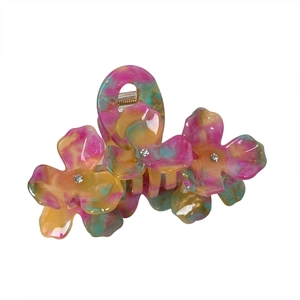 Floral acetate hair claw clip with colorful marble pattern and sparkling rhinestones