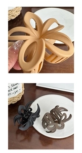 Detail of matte frangipani flower hair claws and hollow shark clips in assorted colors