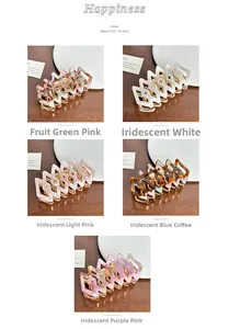 Collage of five geometric wave hair claws in diverse vibrant acetate colors and patterns