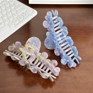 Floral acetate hair claw clips with rhinestones in blue purple marble and multi-color patterns