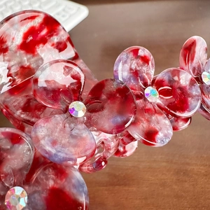 Exquisite large acetate shark clip with red ink wash floral pattern and sparkling rhinestones