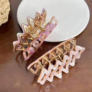 Elegant hollow rhombic acetate hair claw clips with purple marble and pink pearly textures