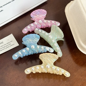 Elegant Acetate Shell Hair Claw Clip With Imitation Artificial Pearl Korean Style Iridescent Shark Clip For Women Hair Styling