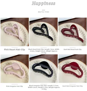 Detailed size specifications for heart and geometric hair claw clips in three colors