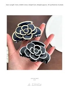 Detail view of acetate camellia hair claw clip with specific size 7.5x4.4x5cm measurements