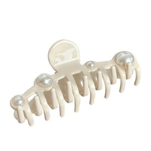 Oversized cream acetate hair claw clip with elegant pearl embellishments for women