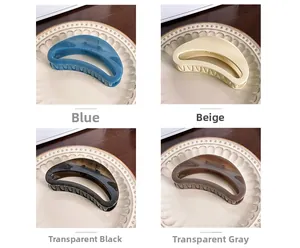 Detail of 12cm hair claws in blue, beige, black, and grey on a ceramic plate
