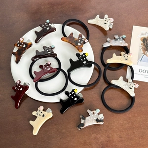 Mignon Ensemble Pince à Cheveux et Élastique en Acétate Chien Strass Motif Marbré Écaille de Tortue pour Femmes Filles