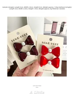 Détails de la pince à cheveux noeud rouge et de l'élastique avec perles en acétate