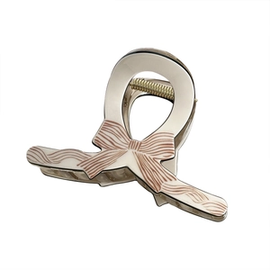 French style cream white bow hair claw clip with metallic spring for elegant styling