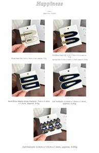 Detailed view of acetic acid hair clips in cream and navy blue with specific dimensions