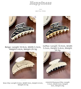 Detail view showing four acetate hair claw clips with rhinestones and ribbon designs