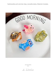 Detailed view of mini acetate owl and turtle hair clips on a white ceramic plate
