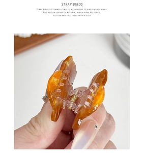 Macro shot of amber tortoise shell pattern hair claw clip with golden metal spring