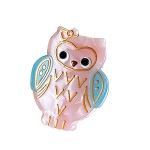 Cute cartoon owl hair claw clip in pink and blue marble acetate with gold accents